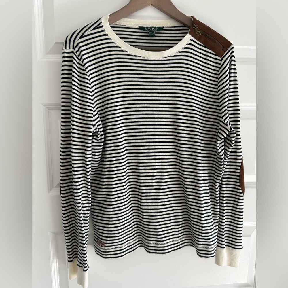 Lauren Ralph Lauren Elbow Patch Striped Top Navy Blue Cream Size XL